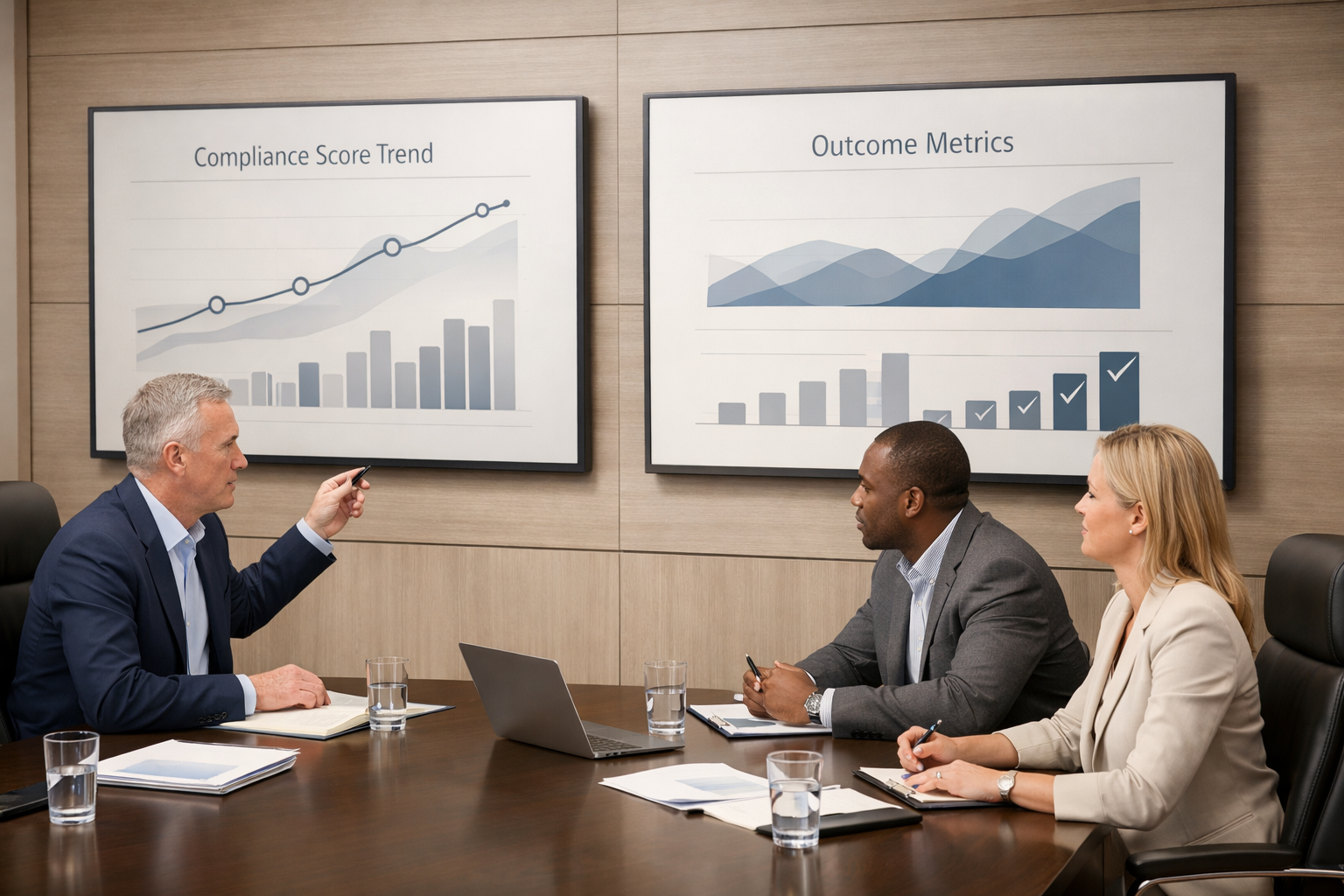 Leadership team reviewing compliance and outcome performance trends