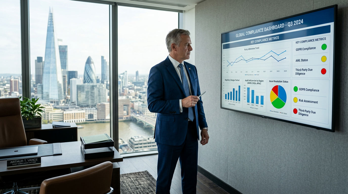 Chief Compliance Officer reviewing compliance reporting dashboard