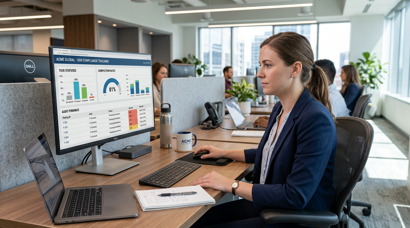 Compliance analyst reviewing SOX compliance tracking dashboard