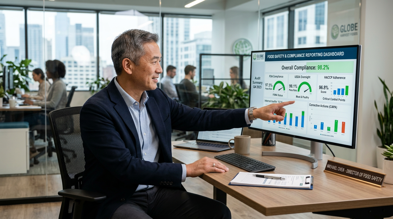Food safety director reviewing FDA and USDA compliance reporting dashboard