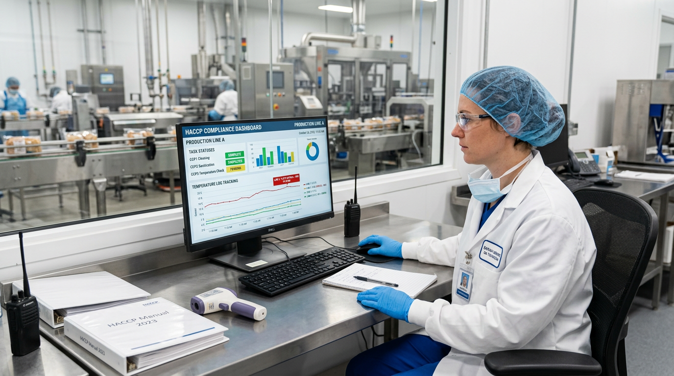 QA technician reviewing HACCP compliance dashboard with CCP monitoring