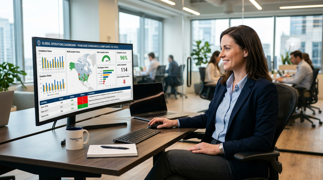 Franchise director reviewing multi-location compliance reporting