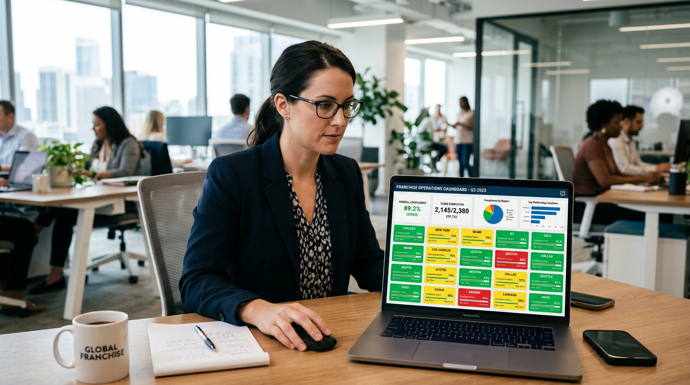 Operations manager reviewing multi-location compliance dashboard