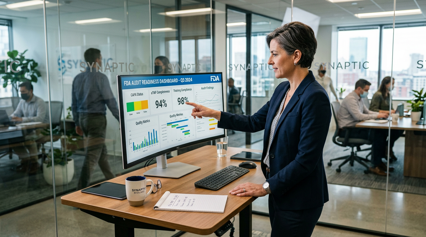 Regulatory affairs director reviewing FDA audit readiness dashboard
