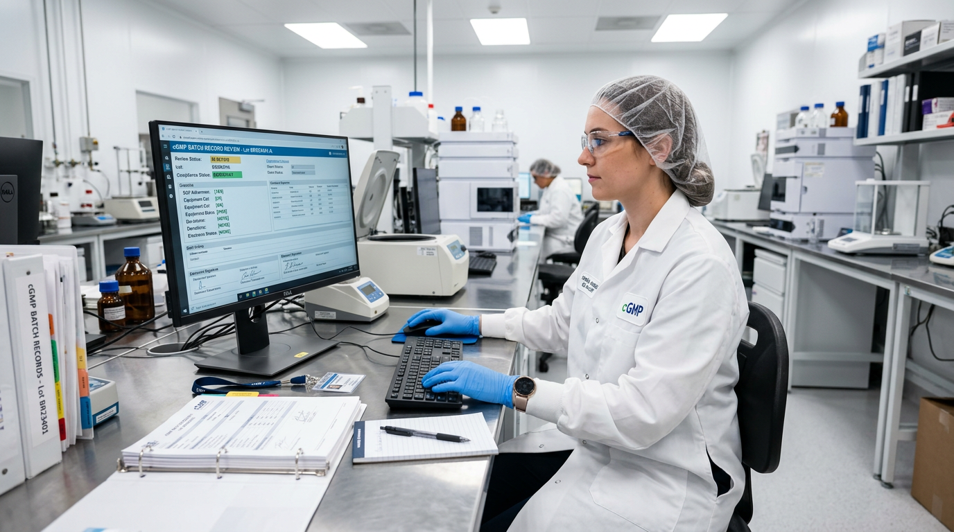 Lab technician reviewing cGMP batch records on computer