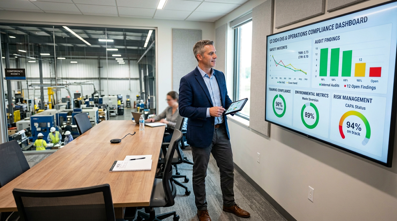 EHS manager reviewing compliance metrics dashboard