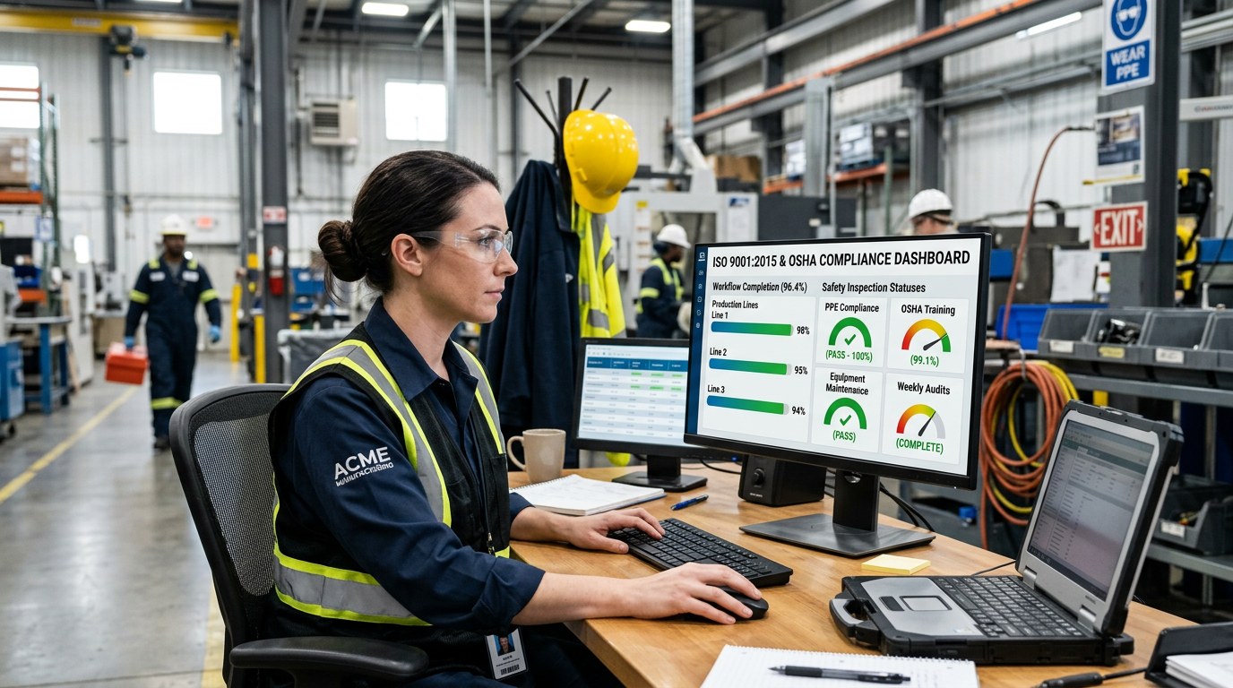 Quality control engineer reviewing ISO compliance dashboard