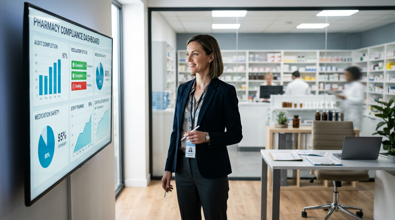 Pharmacy compliance director reviewing metrics on a wall-mounted dashboard