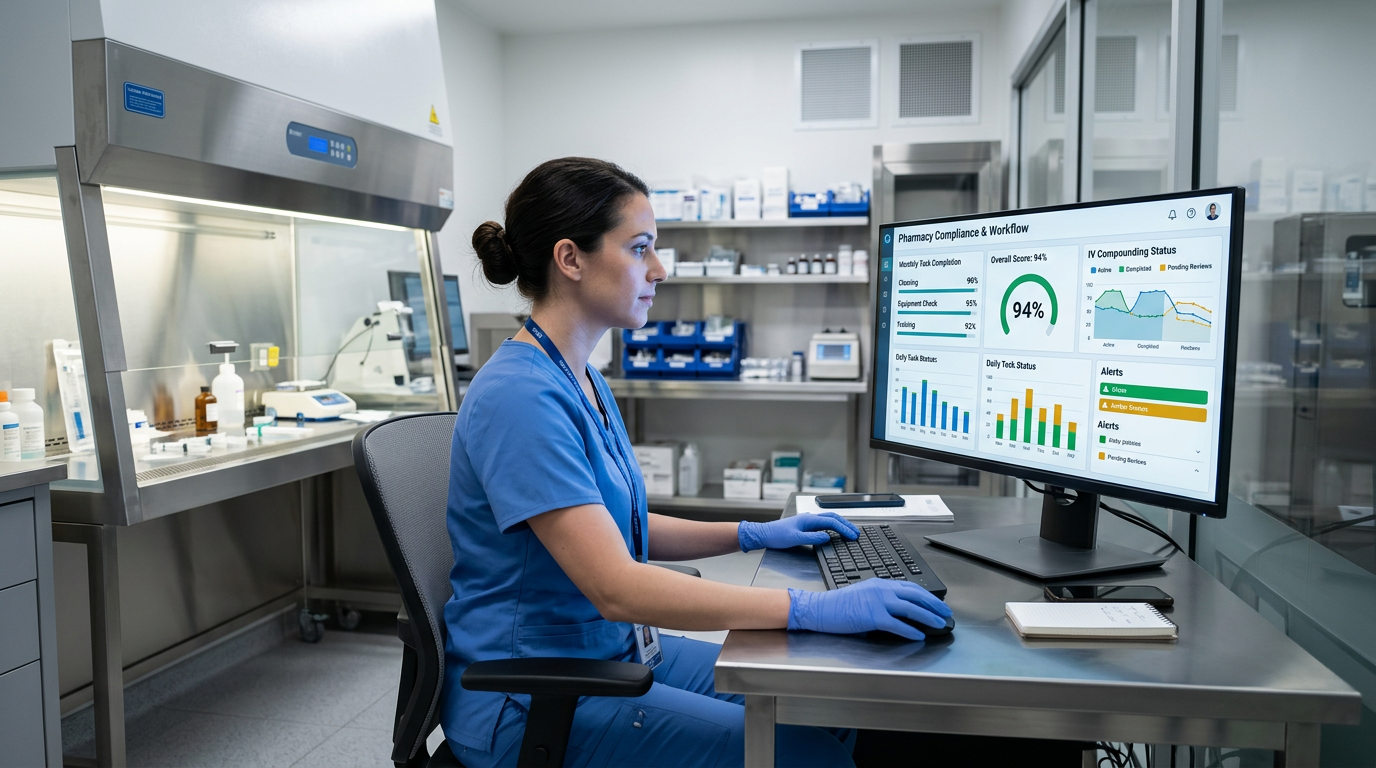 Pharmacist reviewing compliance dashboard in a clean room workstation