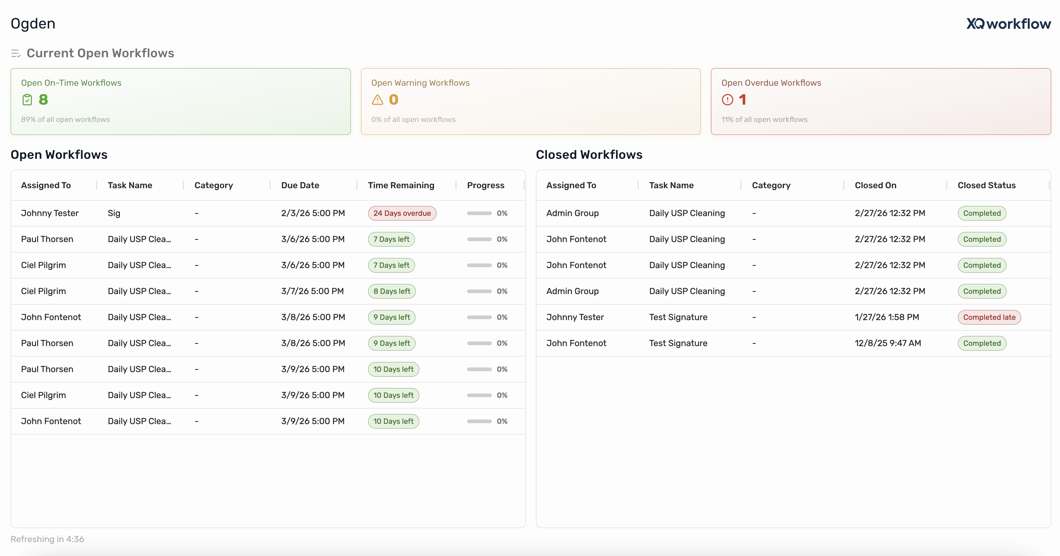 XQworkflow taskboard showing open and closed workflows for a location