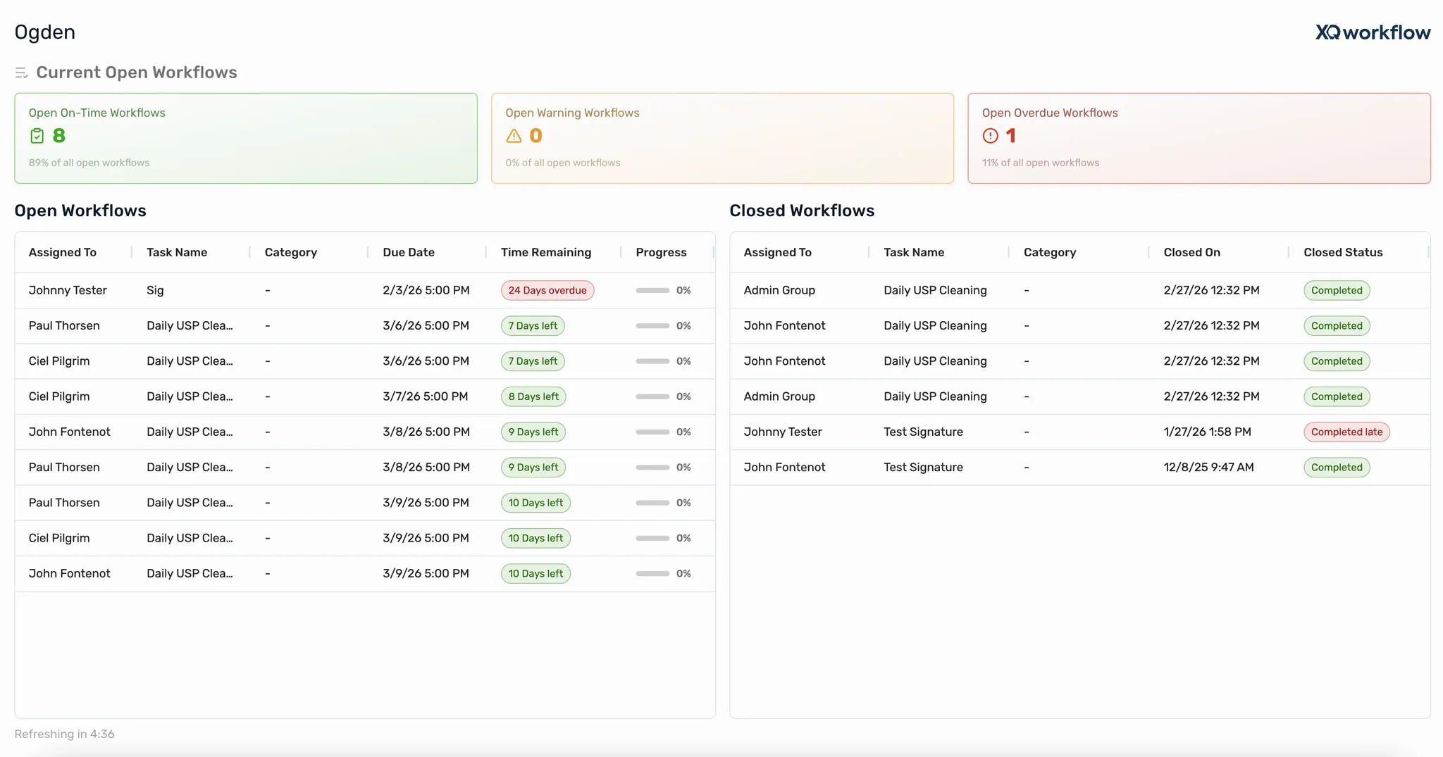 XQworkflow taskboard showing open and closed workflows for a location